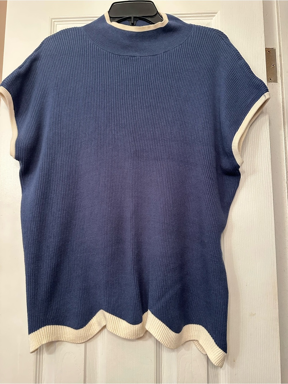 Bella Kim Gravel Blue Short-Sleeve Mock Neck Sweater with Cream Trim